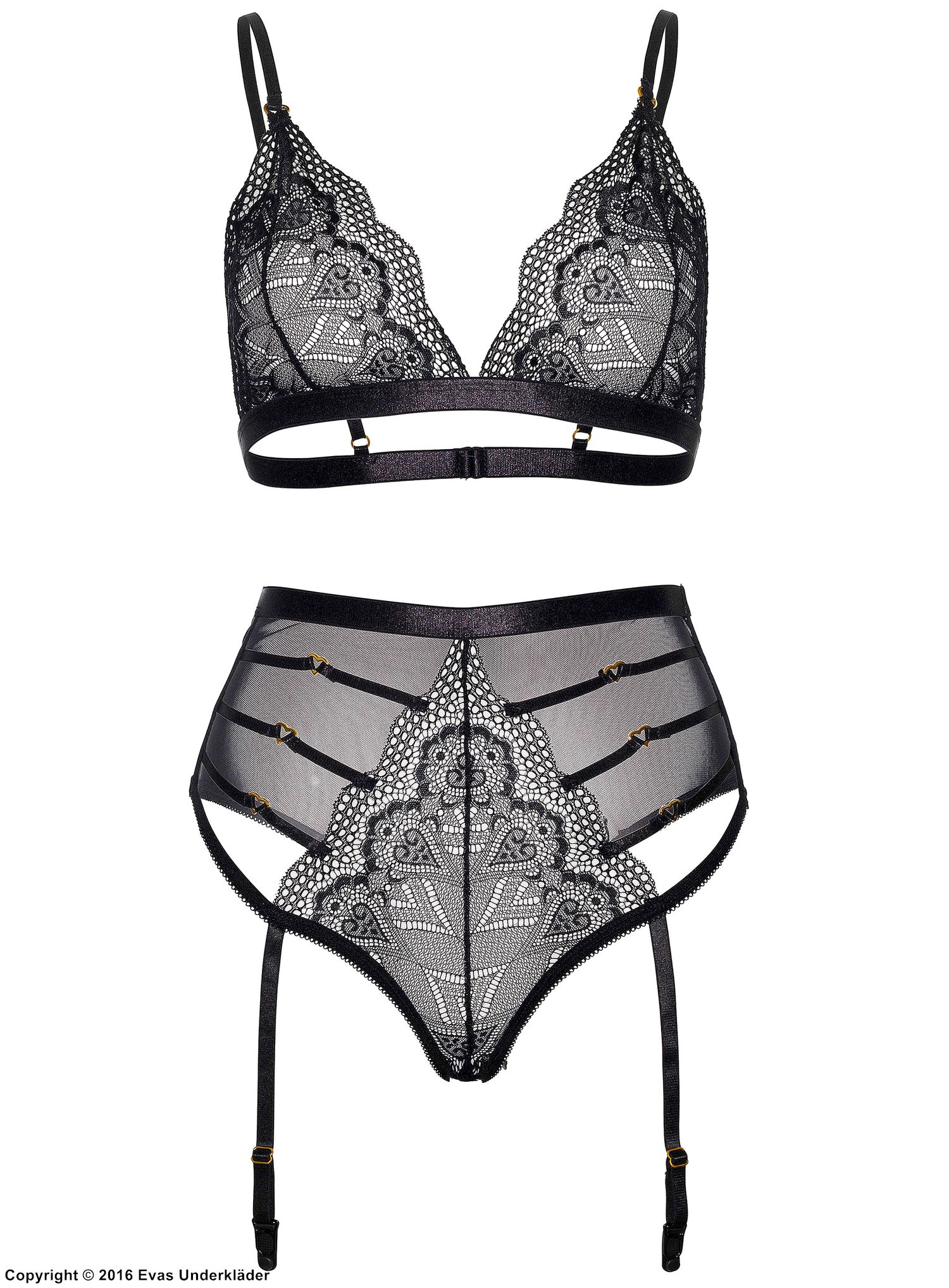 Seductive lingerie set, lace, built-in garter belt, thin straps